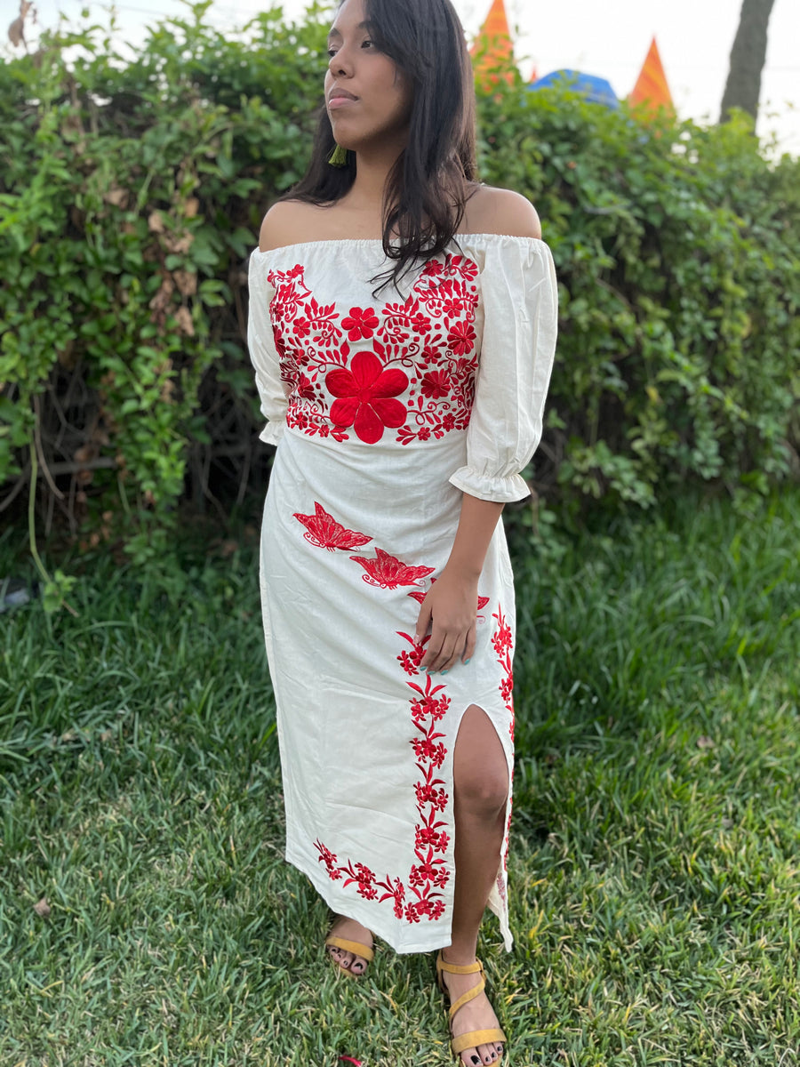 Red Flowers Embroidered Spring Dress Mexican Embroidered Dress