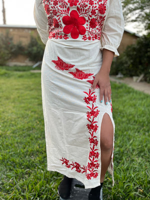 Red Flowers Embroidered Spring Dress,  Mexican Embroidered Dress