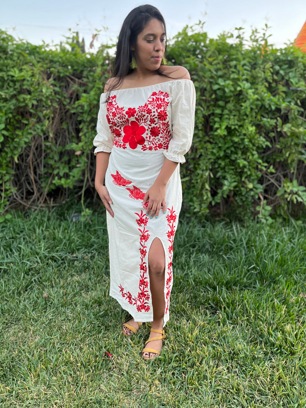 Red Flowers Embroidered Spring Dress,  Mexican Embroidered Dress