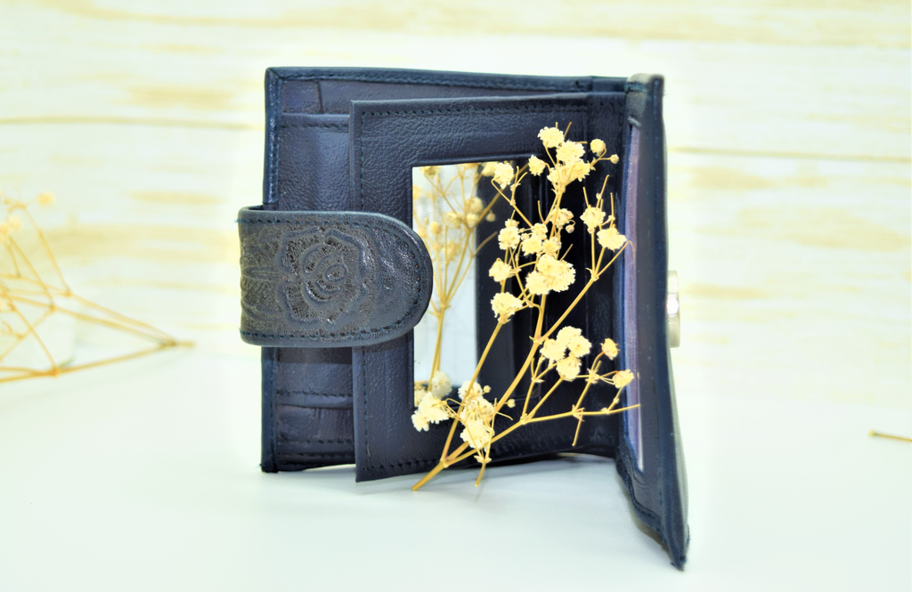 Navy Leather Wallet, Card Holder, Coin Carrier With Mirror