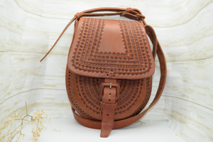 Brown Embossed Crossbody Leather Saddlebag