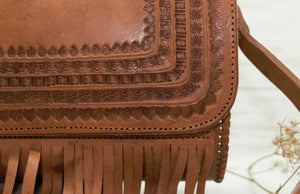 Brown Embossed Fringe Crossbody Leather Handbag