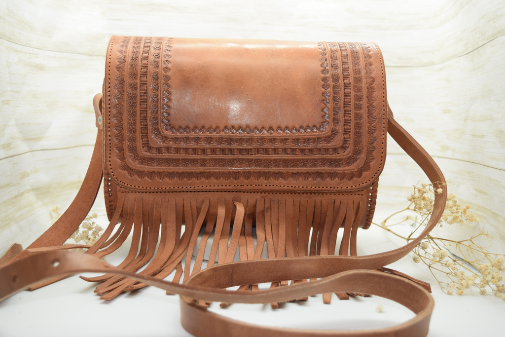 Brown Embossed Fringe Crossbody Leather Handbag