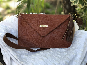 Engraved Leather Envelope Hand Bag Clutch