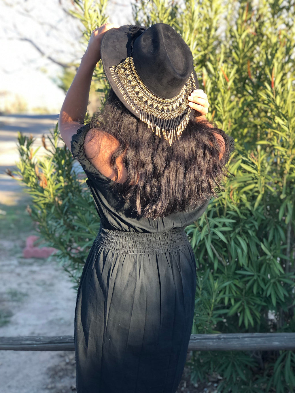 Black & Gold  Boho Western Mexican Artisanal Fedora Hat and Chaquira Beads Toaquilla, Sombrero y Toaquilla de Chaquira