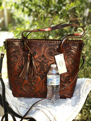 Hand Made Artisan Chiseled Woven Tote & Crossbody Bag/ Bolsa de Piel Cincelada A Mano