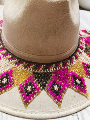 Cream Boho Western Mexican Artisanal Fedora Hat and Chaquira Beads Toaquilla, Sombrero y Toaquilla de Chaquira