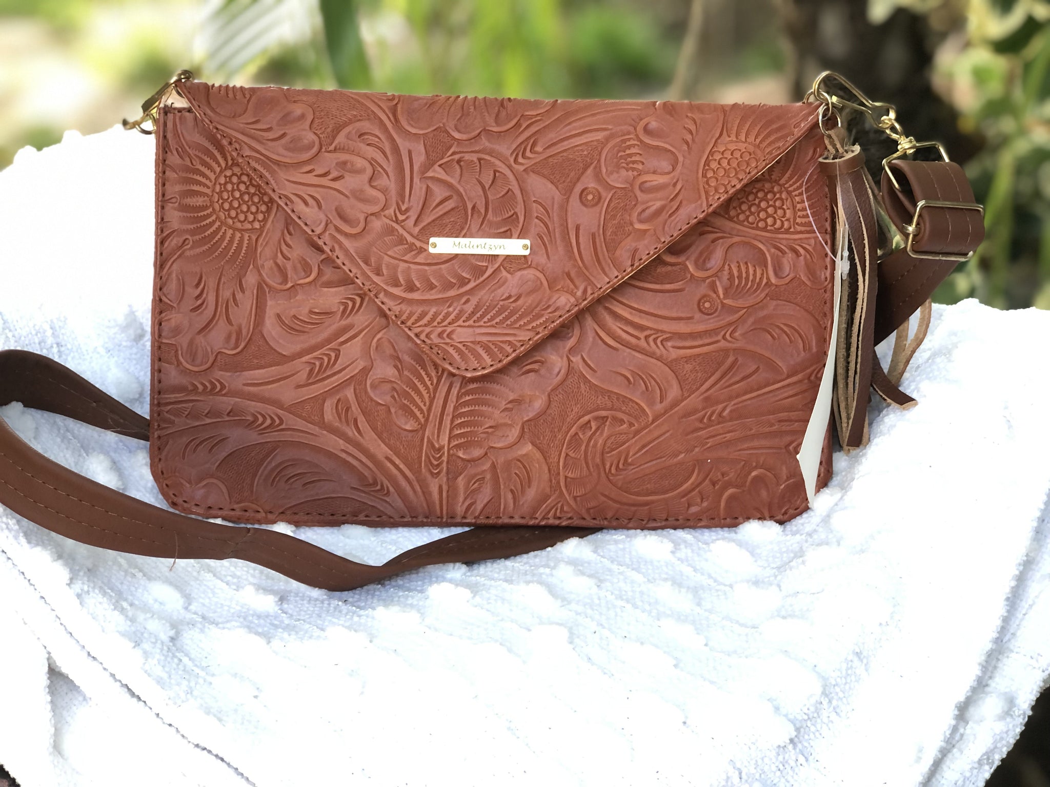 Engraved Leather Envelope Hand Bag Clutch