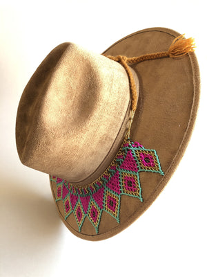 Romantic  Boho Western Hat, Gamuza Hat, Toaquilla Hat Brown/Pink