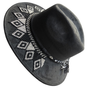 Black & Gold  Boho Western Mexican Artisanal Fedora Hat and Chaquira Beads Toaquilla, Sombrero y Toaquilla de Chaquira