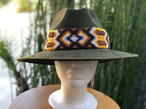 Green Fedora Hat and Embroidery Toquilla, Western Hat, Sombrero de Gamusa, Suede Hat