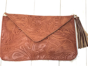 Engraved Leather Envelope Hand Bag Clutch