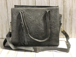 Gray Crossbody Satchel Handbag, Engraved Leather