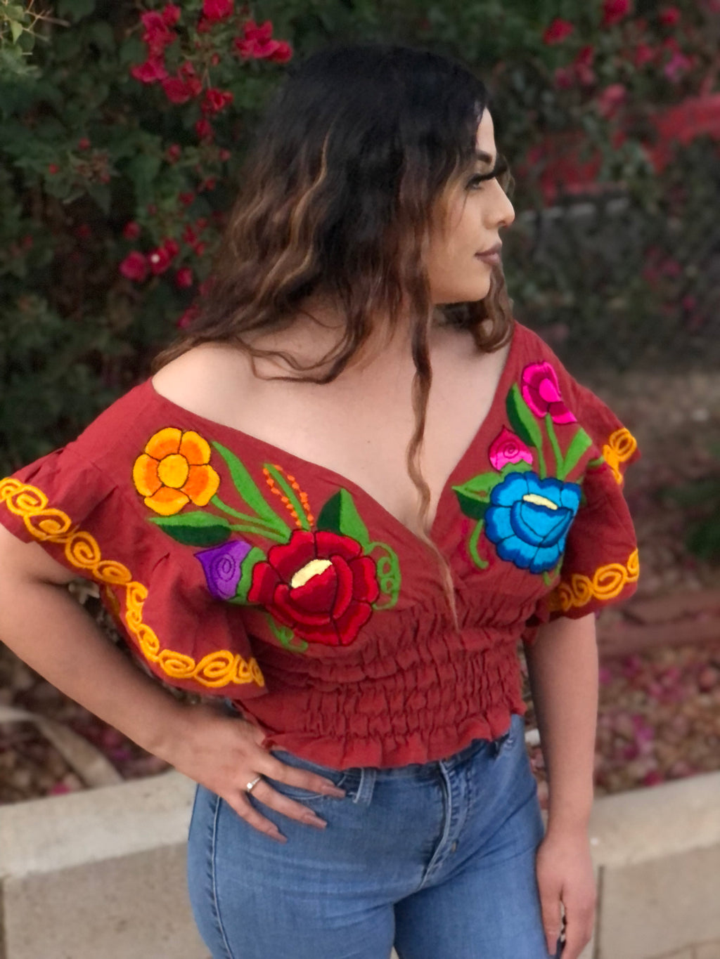 Blusa De Manga Corte Mariposa Bordada con Diseno de Flores, Butterfly Blouse