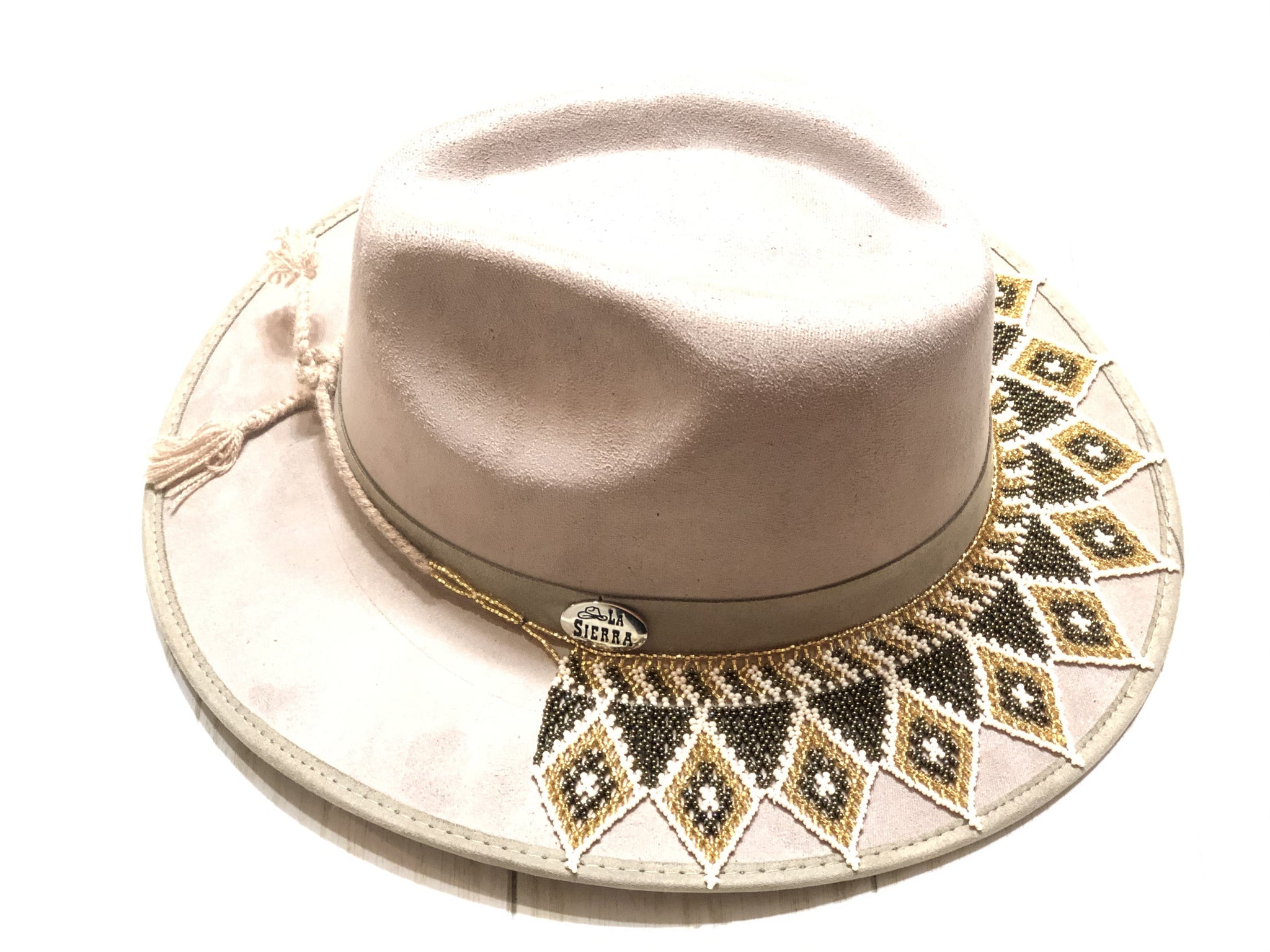 Beige Boho Western Mexican Artisanal Fedora Hat and Chaquira Beads Toaquilla, Sombrero y Toaquilla de Chaquira