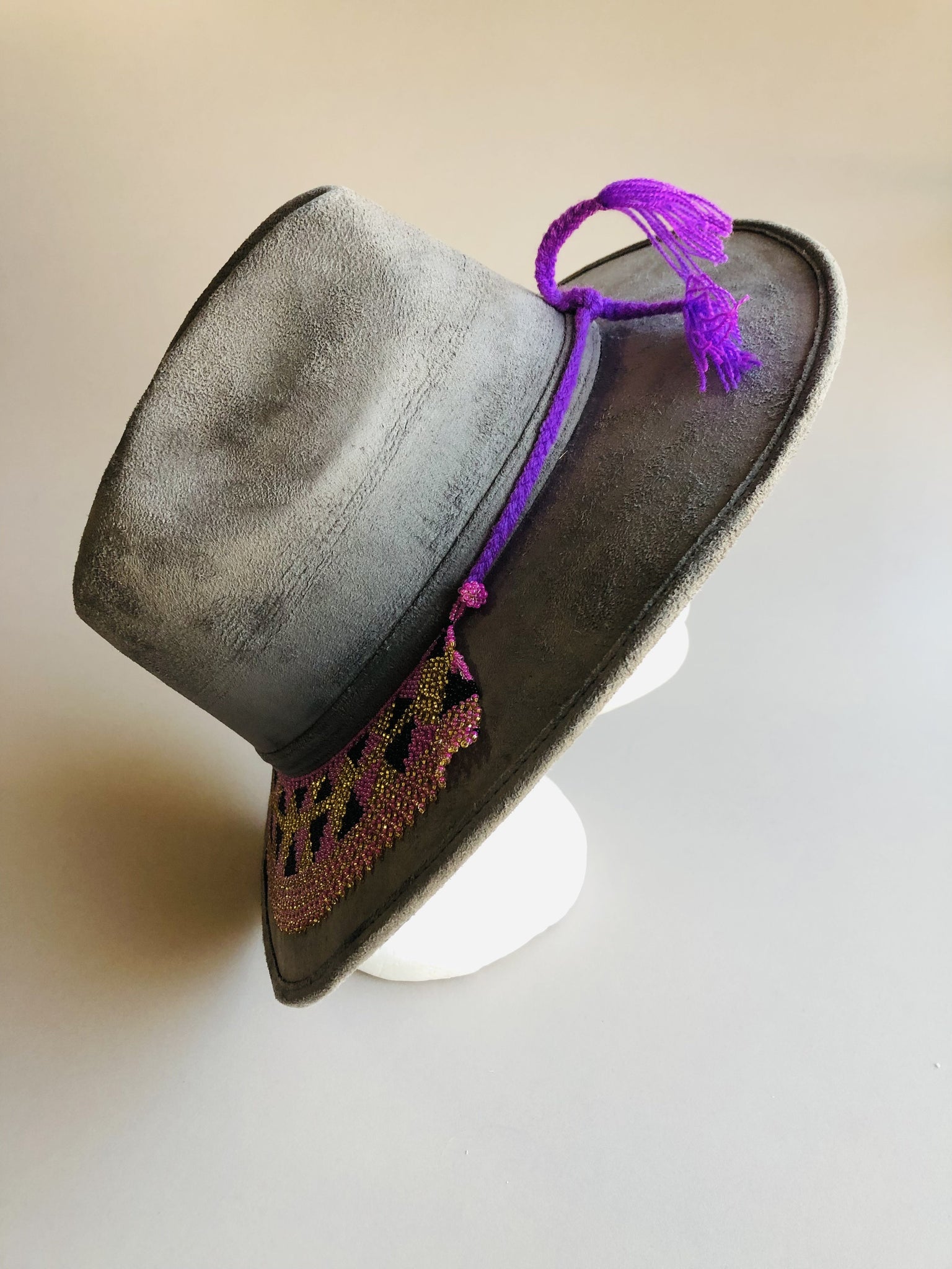 Light Grey Boho  Western Hat, Gamuza Hat, Toaquilla Hat Grey/Purple