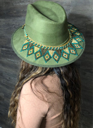 Green  Boho Western Mexican Artisanal Fedora Hat and Chaquira Beads Toaquilla, Sombrero y Toaquilla de Chaquira