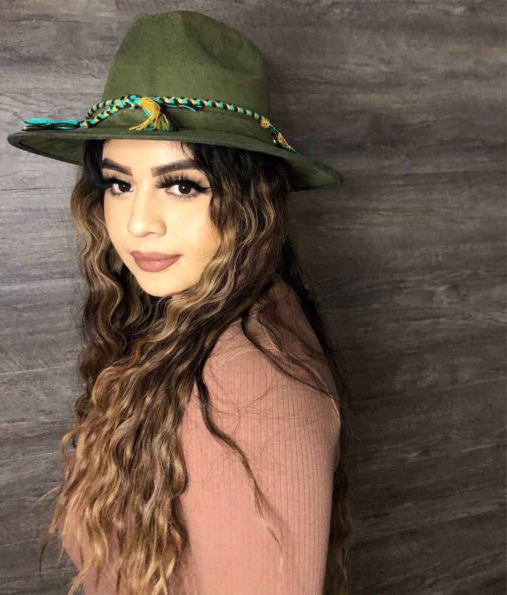 Green  Boho Western Mexican Artisanal Fedora Hat and Chaquira Beads Toaquilla, Sombrero y Toaquilla de Chaquira