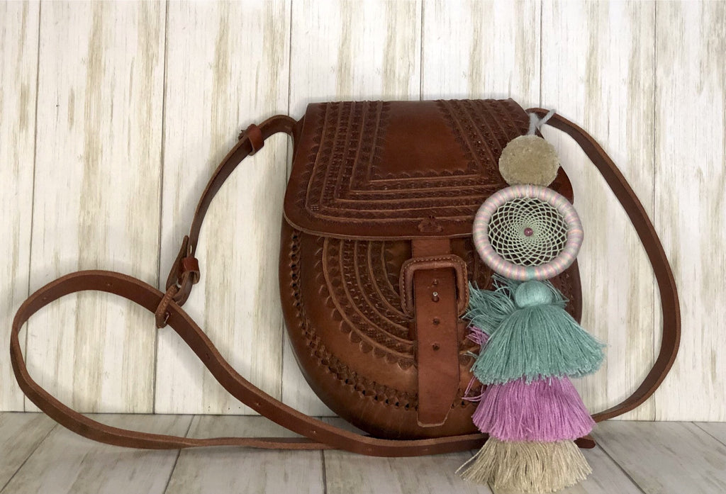 Brown Embossed Crossbody Leather Saddlebag