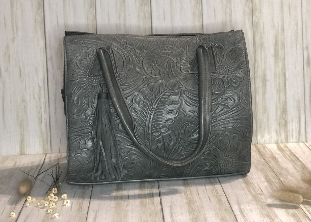 Gray Crossbody Satchel Handbag, Engraved Leather