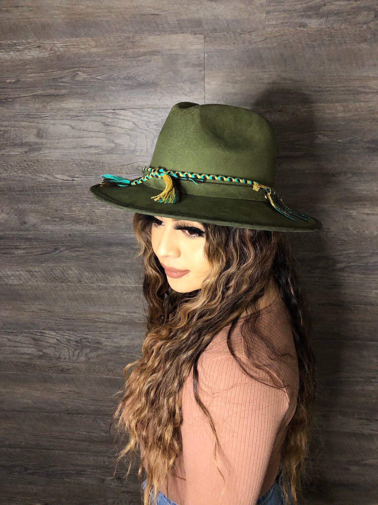 Green  Boho Western Mexican Artisanal Fedora Hat and Chaquira Beads Toaquilla, Sombrero y Toaquilla de Chaquira