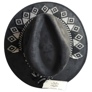 Black & Gold  Boho Western Mexican Artisanal Fedora Hat and Chaquira Beads Toaquilla, Sombrero y Toaquilla de Chaquira