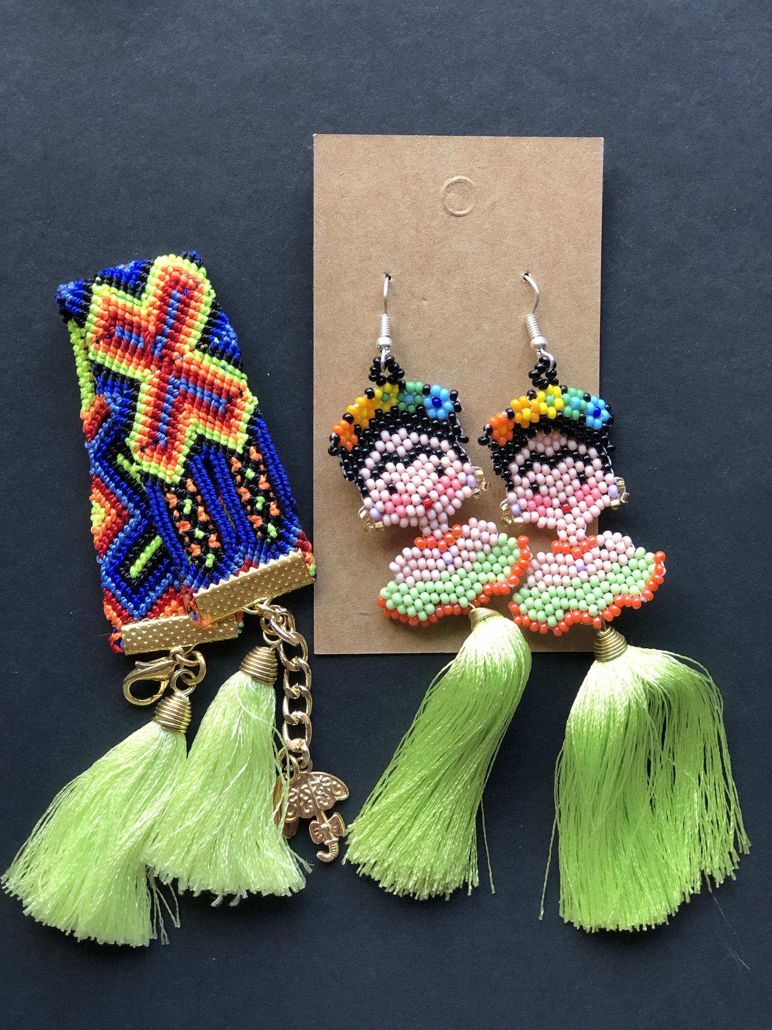 Electric Green Frida Chaquira Bead & Tassel Earrings