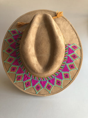 Romantic  Boho Western Hat, Gamuza Hat, Toaquilla Hat Brown/Pink