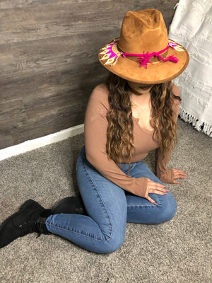 Romantic  Boho Western Hat, Gamuza Hat, Toaquilla Hat Brown/Pink