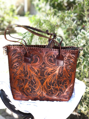 Hand Made Artisan Chiseled Woven Tote & Crossbody Bag/ Bolsa de Piel Cincelada A Mano