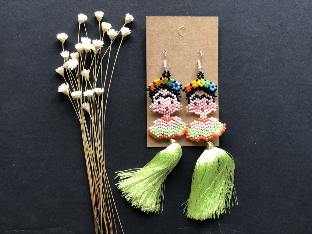 Electric Green Frida Chaquira Bead & Tassel Earrings