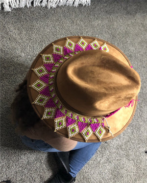 Romantic  Boho Western Hat, Gamuza Hat, Toaquilla Hat Brown/Pink