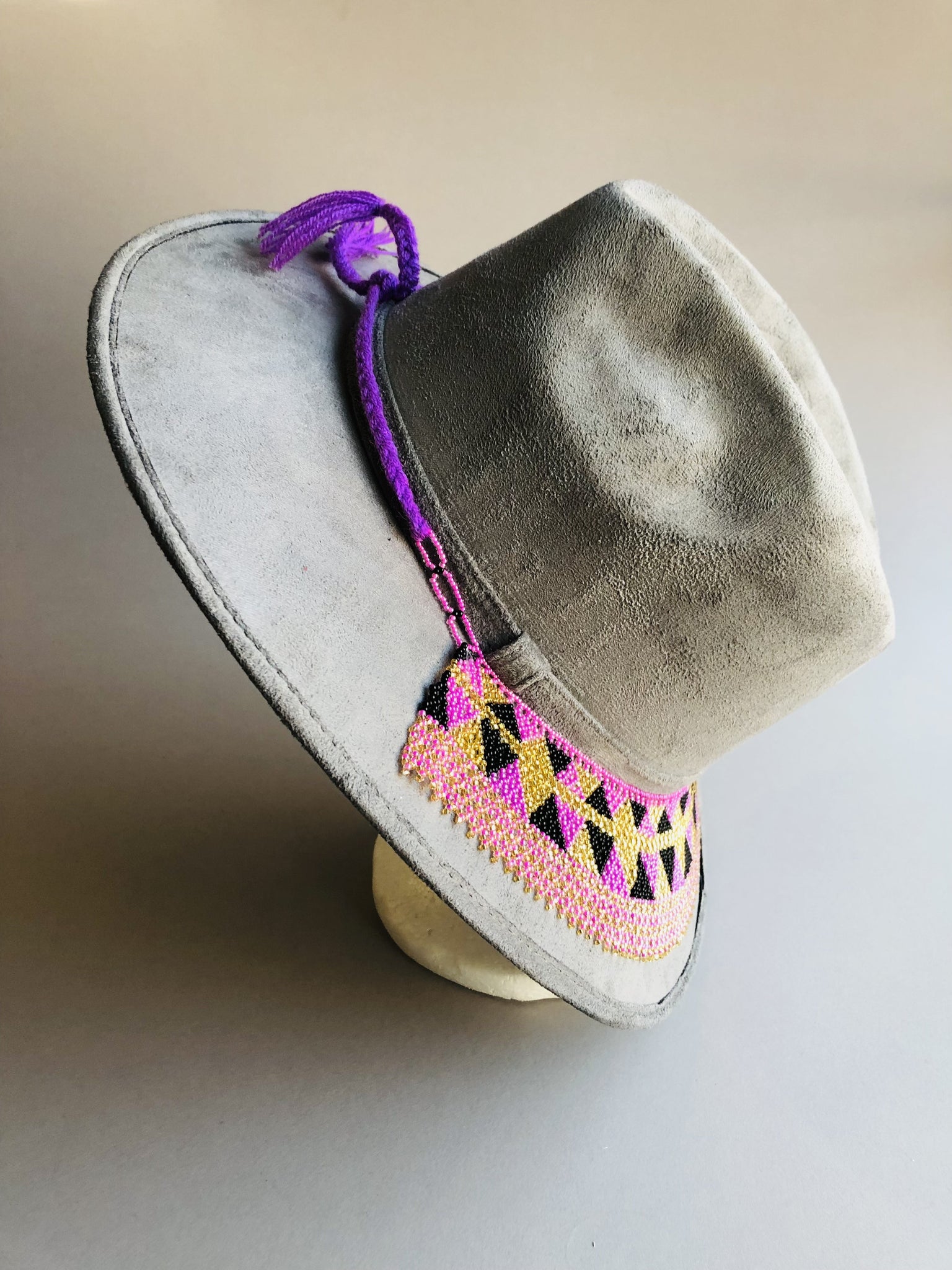 Light Grey Boho  Western Hat, Gamuza Hat, Toaquilla Hat Grey/Purple