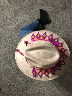 Beige Boho Western Mexican Artisanal Fedora Hat and Chaquira Beads Toaquilla, Sombrero y Toaquilla de Chaquira