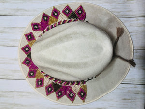 Cream Boho Western Mexican Artisanal Fedora Hat and Chaquira Beads Toaquilla, Sombrero y Toaquilla de Chaquira