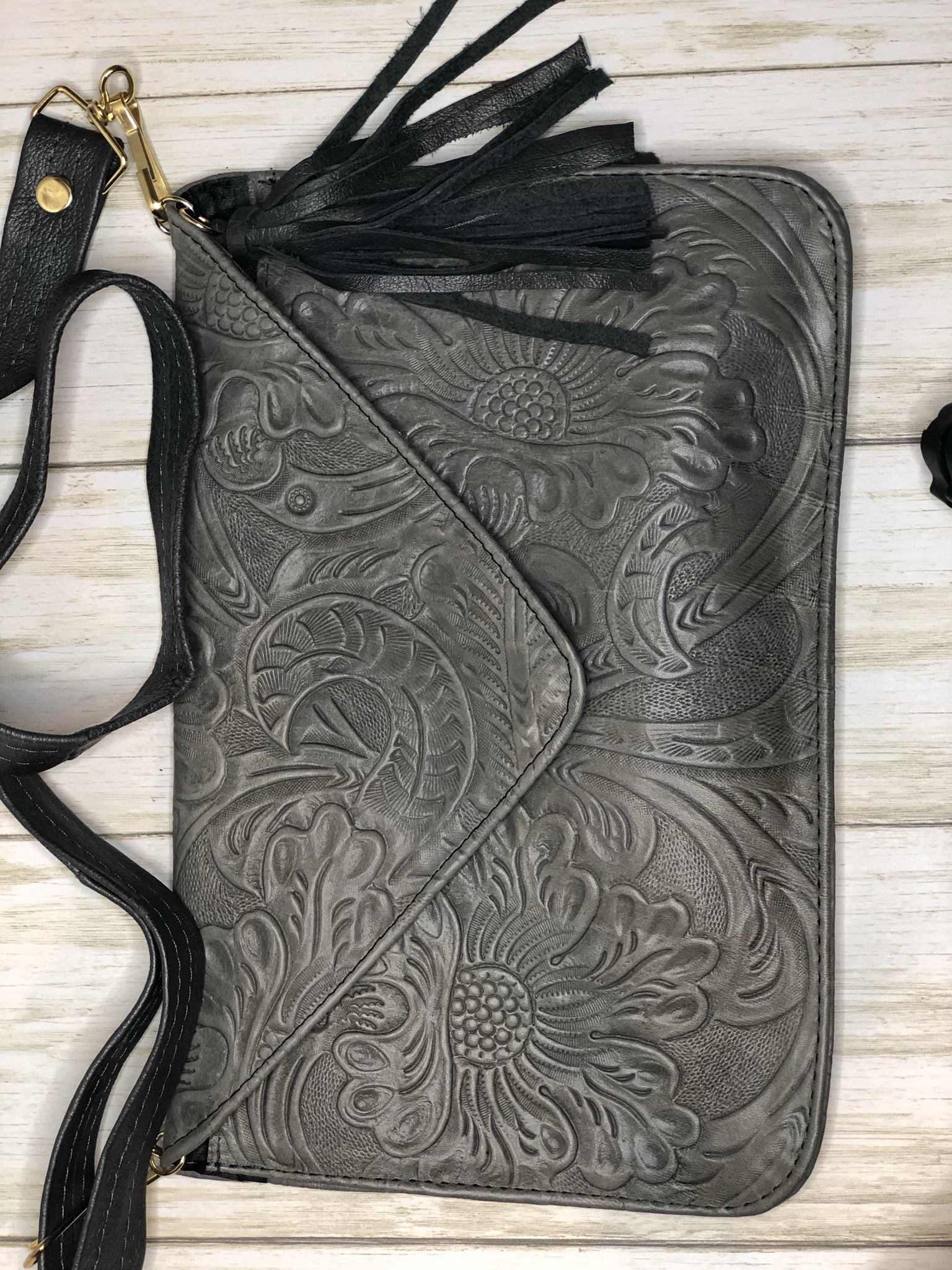 Engraved Leather Envelope Hand Bag Clutch